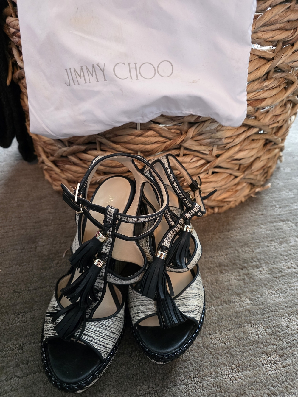 Jimmy Choo 39.5 (8.5) Black and Cream Tassel Espadrille Wedge Sandals
